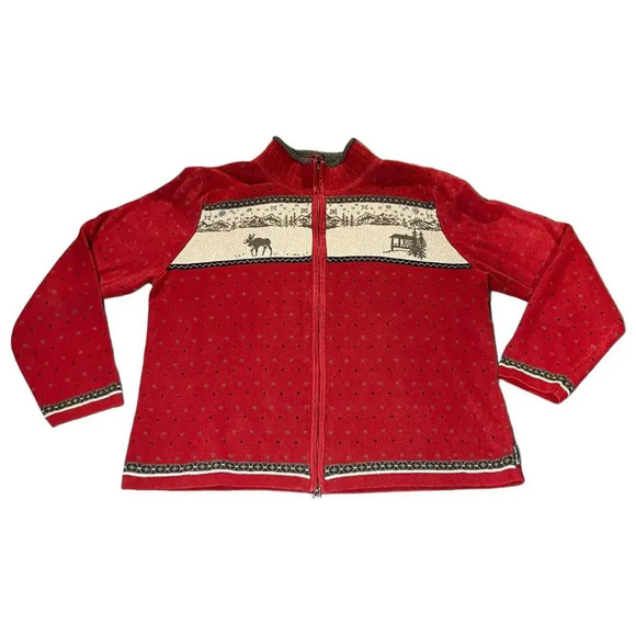 Woolrich Holiday Sweater Women Large Ruby Red Ramie Moose Cottage FullZip Jacket - Picture 1 of 5